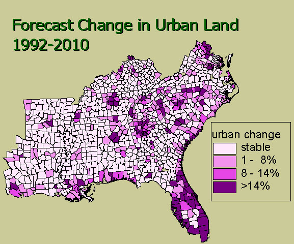 map showing change in urban land for counties in southeast states